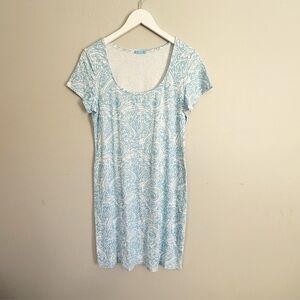 J MCLAUGHLIN Women’s Blue Print Cotton Jersey Short Sleeve Sheath Dress Size M